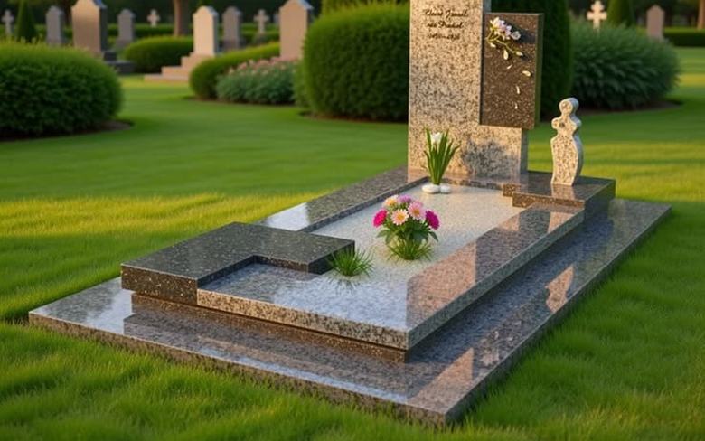 Monument funéraire en granit poli avec stèle gravée, dans un cimetière au Bénin