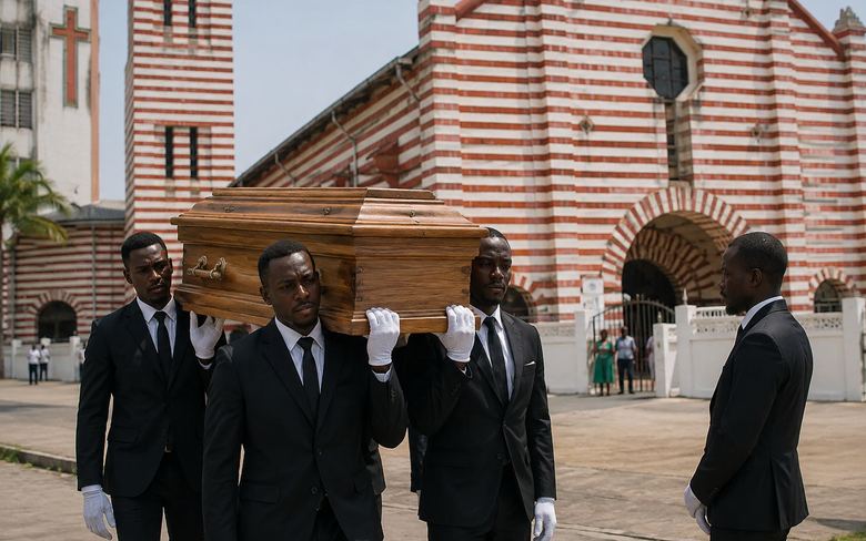 Quatre porteurs funéraires en gants blancs portant un cercueil devant une église