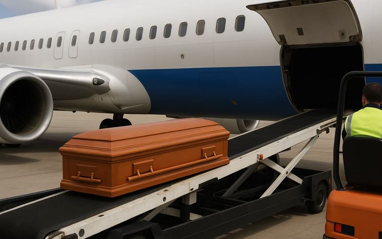 Un cercueil chargé dans la soute d'un avion pour un rapatriement de corps vers le Bénin
